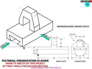O
O
20
20
15
40
100
30
60
30
20
20
50
HEX PART
FOR
S.V.
FOR
F.V.
PICTORIAL PRESENTATION IS GIVEN
DRAW FV ABD SV OF THIS OBJECT
BY FIRST ANGLE PROJECTION METHOD
23
ORTHOGRAPHIC PROJECTIONS
FRONT VIEW L.H.SIDE VIEW
Downloaded from Ktunotes.in
 