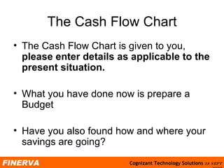 The Cash Flow Chart The  Cash Flow Chart  is given to you,  please enter details as applicable to the present situation. What you have done now is prepare a Budget Have you also found how and where your savings are going? 