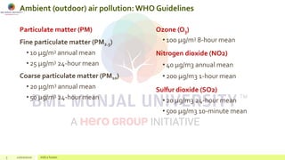 Ambient (outdoor) air pollution: WHO Guidelines
Particulate matter (PM)
Fine particulate matter (PM2.5)
• 10 μg/m3 annual mean
• 25 μg/m3 24-hour mean
Coarse particulate matter (PM10)
• 20 μg/m3 annual mean
• 50 μg/m3 24-hour mean
3 22/02/2020 Add a footer
Ozone (O3)
• 100 μg/m3 8-hour mean
Nitrogen dioxide (NO2)
• 40 μg/m3 annual mean
• 200 μg/m3 1-hour mean
Sulfur dioxide (SO2)
• 20 μg/m3 24-hour mean
• 500 μg/m3 10-minute mean
 