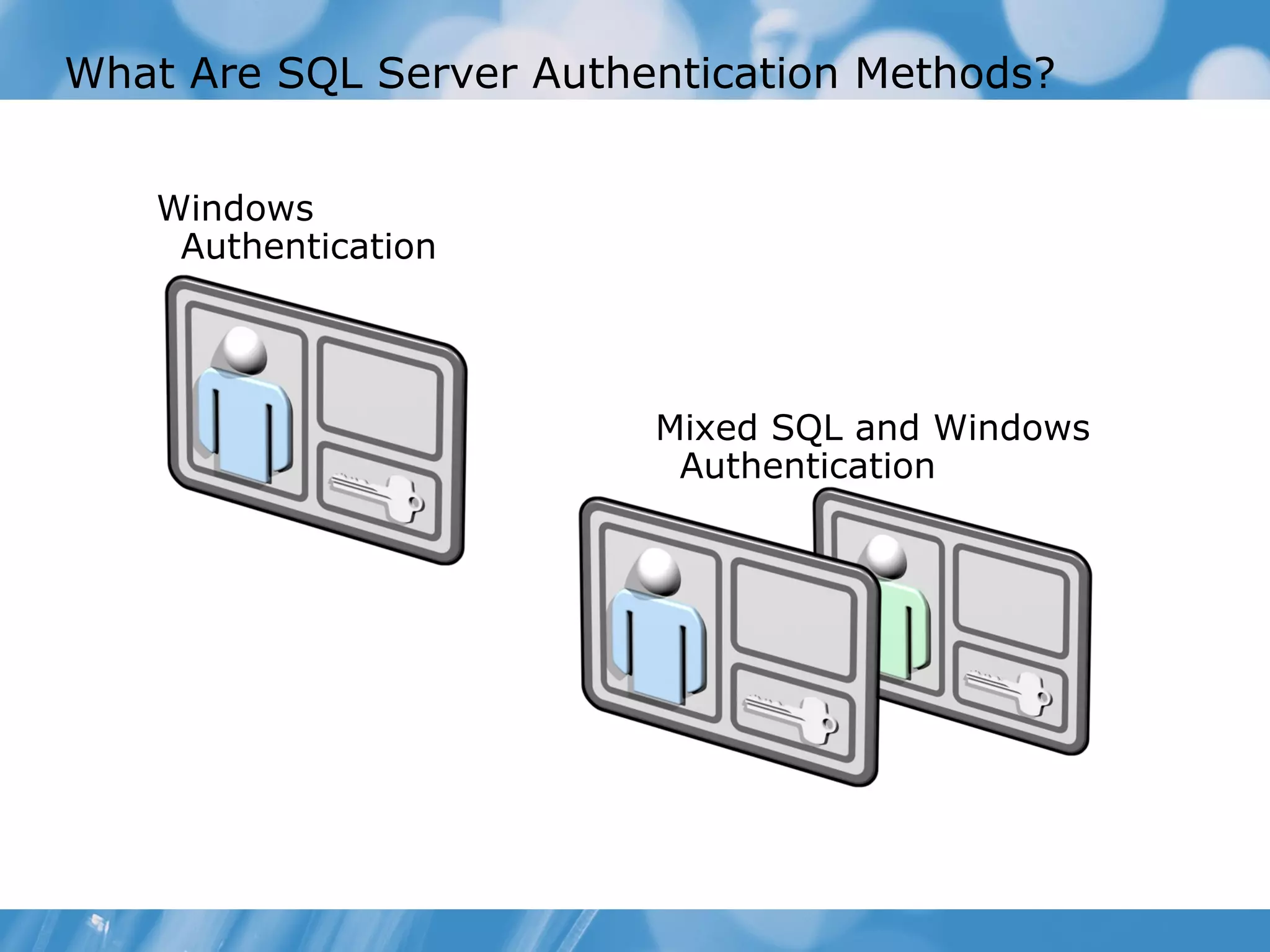 What Are SQL Server Authentication Methods?


   Windows
    Authentication




                         Mixed SQL and Windows
                          Authentication
 