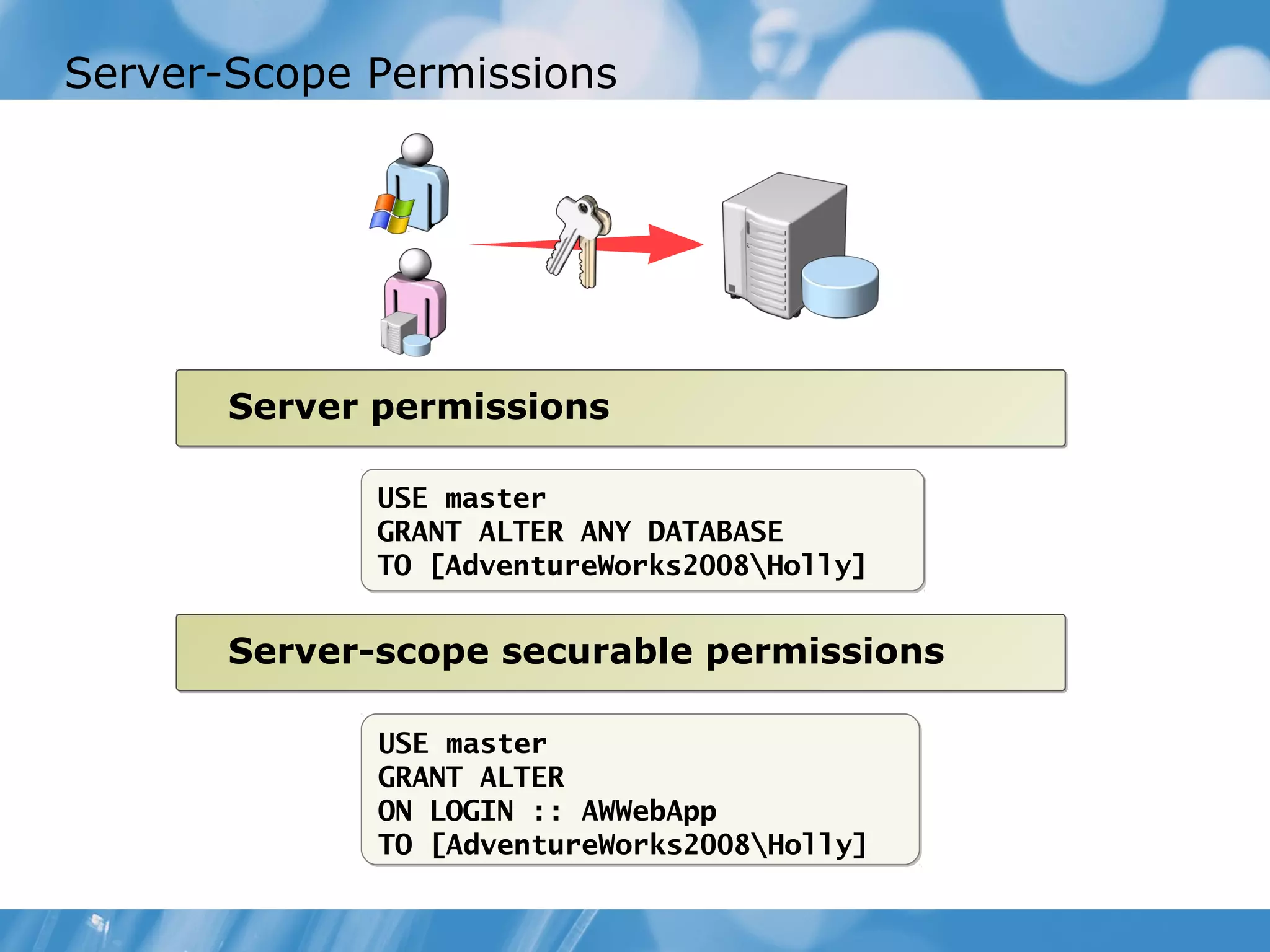 Server-Scope Permissions




       Server permissions

              USE master
              GRANT ALTER ANY DATABASE
              TO [AdventureWorks2008Holly]


       Server-scope securable permissions

              USE master
              GRANT ALTER
              ON LOGIN :: AWWebApp
              TO [AdventureWorks2008Holly]
 