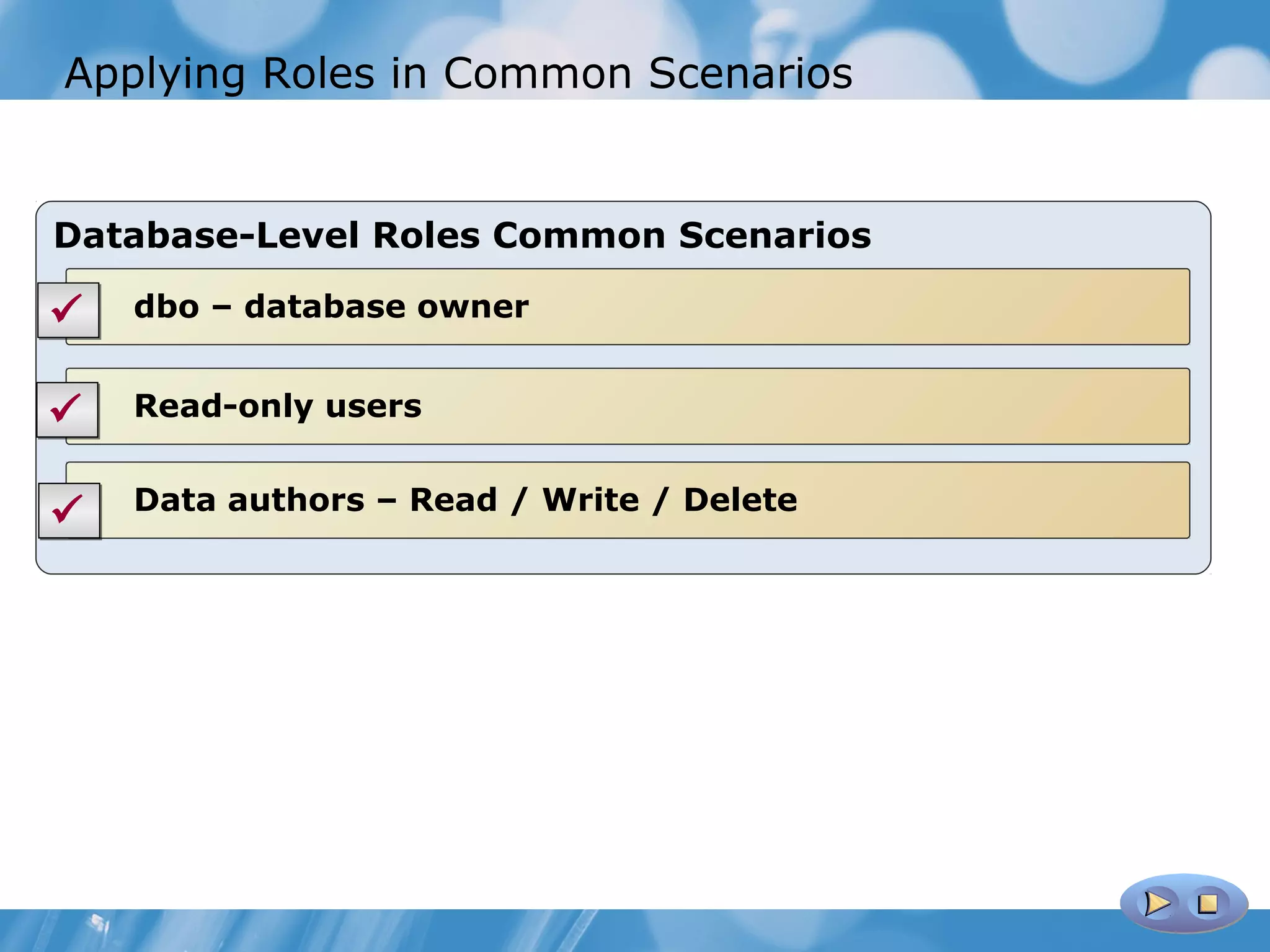Applying Roles in Common Scenarios


Database-Level Roles Common Scenarios

   dbo – database owner


   Read-only users

    Data authors – Read / Write / Delete

 