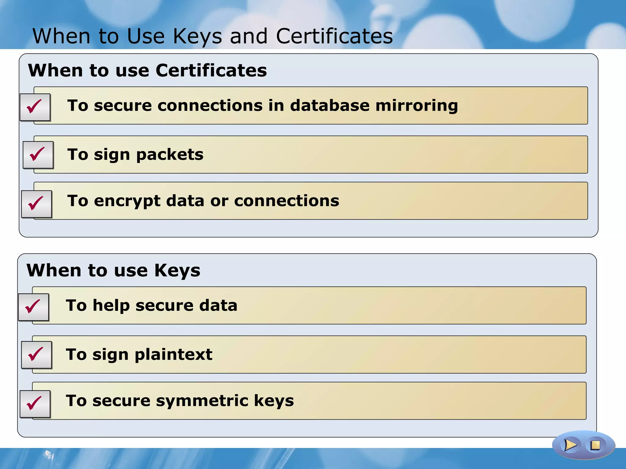 When to Use Keys and Certificates
When to use Certificates

   To secure connections in database mirroring


   To sign packets


   To encrypt data or connections



When to use Keys

   To help secure data


   To sign plaintext


   To secure symmetric keys
 
