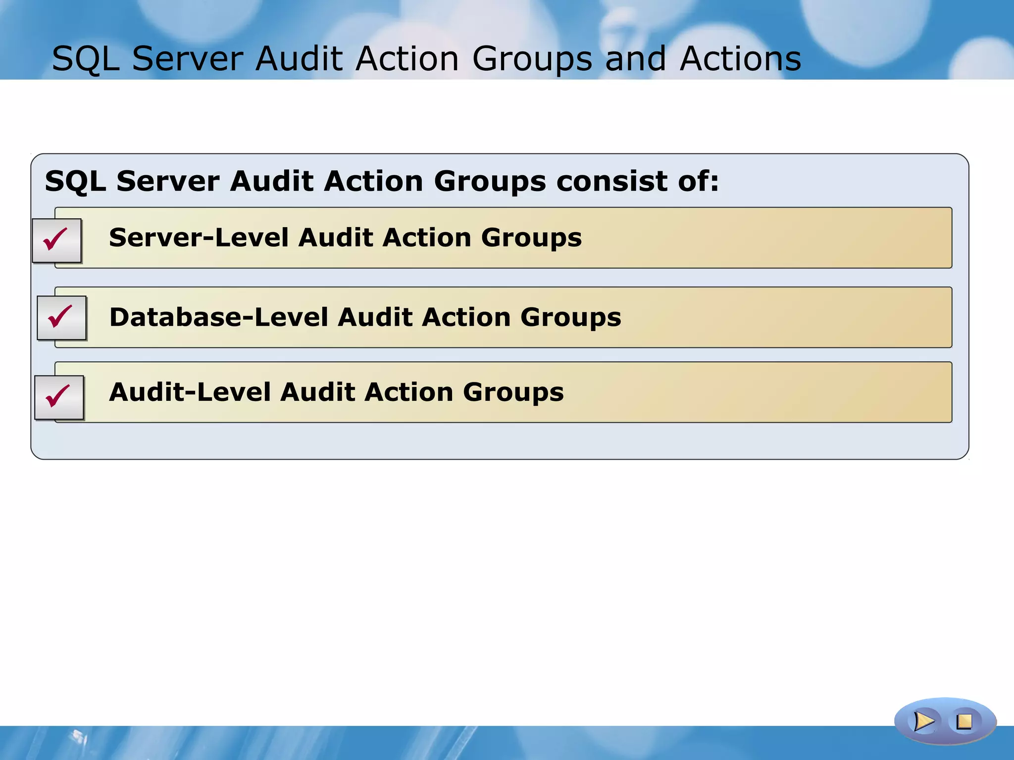 SQL Server Audit Action Groups and Actions


SQL Server Audit Action Groups consist of:

   Server-Level Audit Action Groups


   Database-Level Audit Action Groups


   Audit-Level Audit Action Groups
 