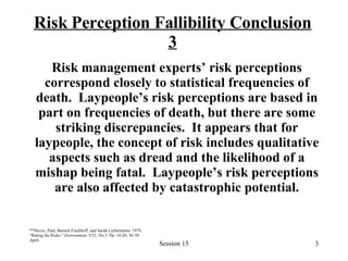 Risk Perception Fallibility Conclusion 3 Risk management experts’ risk perceptions correspond closely to statistical frequencies of death.  Laypeople’s risk perceptions are based in part on frequencies of death, but there are some striking discrepancies.  It appears that for laypeople, the concept of risk includes qualitative aspects such as dread and the likelihood of a mishap being fatal.  Laypeople’s risk perceptions are also affected by catastrophic potential. **Slovic, Paul, Baruch Fischhoff, and Sarah Lichtenstein. 1979. “Rating the Risks.”  Environment . V21, No.3. Pp. 14-20, 36-39. April.   