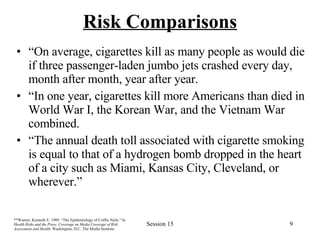 Risk Comparisons “ On average, cigarettes kill as many people as would die if three passenger-laden jumbo jets crashed every day, month after month, year after year.   “ In one year, cigarettes kill more Americans than died in World War I, the Korean War, and the Vietnam War combined.   “ The annual death toll associated with cigarette smoking is equal to that of a hydrogen bomb dropped in the heart of a city such as Miami, Kansas City, Cleveland, or wherever.”   ** Warner, Kenneth E. 1989. “The Epidemiology of Coffin Nails.” In  Health Risks and the Press: Coverage on Media Coverage of Risk Assessment and Health.  Washington, D.C. The Media Institute.  