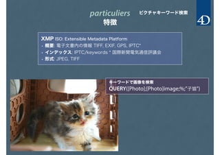 particuliers
特徴
ピクチャキーワード検索
XMP ISO: Extensible Metadata Platform
• 概要: 電子文書内の情報 TIFF, EXIF, GPS, IPTC*
• インデックス: IPTC/keywords * 国際新聞電気通信評議会
• 形式: JPEG, TIFF
キーワードで画像を検索
QUERY([Photo];[Photo]image;%;"子猫")
 