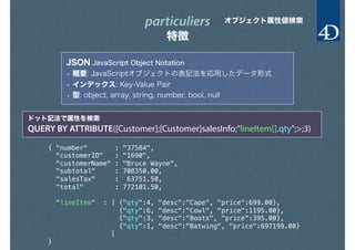 particuliers
特徴
オブジェクト属性値検索
JSON JavaScript Object Notation
• 概要: JavaScriptオブジェクトの表記法を応用したデータ形式
• インデックス: Key-Value Pair
• 型: object, array, string, number, bool, null
{ "number" : "37584",
"customerID" : "1690",
"customerName" : "Bruce Wayne",
"subtotal" : 708350.00,
"salesTax" : 63751.50,
"total" : 772101.50,
"lineItem" : [ {"qty":4, "desc":"Cape", "price":699.00},
{"qty":6, "desc":"Cowl", "price":1195.00},
{"qty":3, "desc":"Boots", "price":395.00},
{"qty":1, "desc":"Batwing", "price":697199.00}
]
}
ドット記法で属性を検索
QUERY BY ATTRIBUTE([Customer];[Customer]salesInfo;"lineItem[].qty";>;3)
 