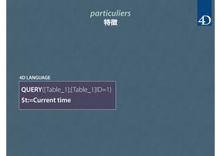 particuliers
特徴
QUERY([Table_1];[Table_1]ID=1)
$t:=Current time
4D LANGUAGE
 