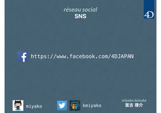 réseau social
SNS
https://www.facebook.com/4DJAPAN
miyako kmiyako
miyako keisuke
宮古 啓介
 