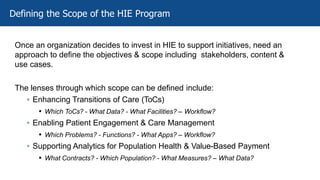 Once an organization decides to invest in HIE to support initiatives, need an
approach to define the objectives & scope including stakeholders, content &
use cases.
The lenses through which scope can be defined include:
▪ Enhancing Transitions of Care (ToCs)
▪ Which ToCs? - What Data? - What Facilities? – Workflow?
▪ Enabling Patient Engagement & Care Management
▪ Which Problems? - Functions? - What Apps? – Workflow?
▪ Supporting Analytics for Population Health & Value-Based Payment
▪ What Contracts? - Which Population? - What Measures? – What Data?
Defining the Scope of the HIE Program
 