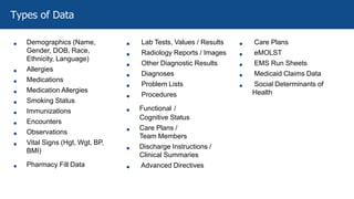 22
• Demographics (Name,
Gender, DOB, Race,
Ethnicity, Language)
• Allergies
• Medications
• Medication Allergies
• Smoking Status
• Immunizations
• Encounters
• Observations
• Vital Signs (Hgt, Wgt, BP,
BMI)
• Pharmacy Fill Data
• Lab Tests, Values / Results
• Radiology Reports / Images
• Other Diagnostic Results
• Diagnoses
• Problem Lists
• Procedures
• Functional /
Cognitive Status
• Care Plans /
Team Members
• Discharge Instructions /
Clinical Summaries
• Advanced Directives
• Care Plans
• eMOLST
• EMS Run Sheets
• Medicaid Claims Data
• Social Determinants of
Health
Types of Data
 