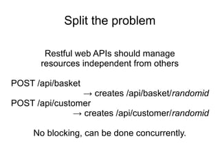 Split the problem
Restful web APIs should manage
resources independent from others
POST /api/basket
→ creates /api/basket/randomid
POST /api/customer
→ creates /api/customer/randomid
No blocking, can be done concurrently.
 