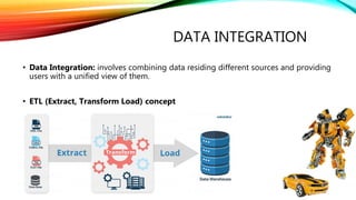 DATA INTEGRATION
• Data Integration: involves combining data residing different sources and providing
users with a unified view of them.
• ETL (Extract, Transform Load) concept
 
