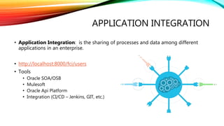 APPLICATION INTEGRATION
• Application Integration: is the sharing of processes and data among different
applications in an enterprise.
• http://localhost:8000/fci/users
• Tools
• Oracle SOA/OSB
• Mulesoft
• Oracle Api Platform
• Integration (CI/CD – Jenkins, GIT, etc.)
 