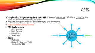 APIS
• Application Programming Interface (API) is a set of subroutine definitions, protocols, and
tools for building application software.
• APIs like any application has to be managed and monitored.
• http://localhost:8000/fci/users
• API Deployments
• On-Premises
• Data Centers
• Containers
• Serverless
• Tools
• Mulesoft
• Node JS / Express / Total
• Oracle SOA/OSB
 