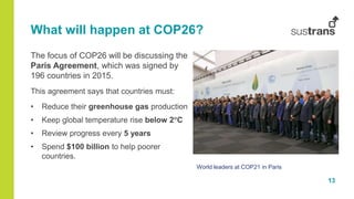 13
What will happen at COP26?
The focus of COP26 will be discussing the
Paris Agreement, which was signed by
196 countries in 2015.
This agreement says that countries must:
• Reduce their greenhouse gas production
• Keep global temperature rise below 2C
• Review progress every 5 years
• Spend $100 billion to help poorer
countries.
World leaders at COP21 in Paris
 