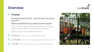 2
1. Engage
Climate change and COP – what are they are how do
they link?
What is Scotland doing to tackle Climate Change?
How could our local neighbourhood become a place
that is good for both the planet and for people?
What are 20 minute neighbourhoods?
2. Explore: Go out into our local neighbourhood.
3. Evaluate: How does out local neighbourhood measure up?
4. Create: How would we design our local neighbourhood?
Overview
 