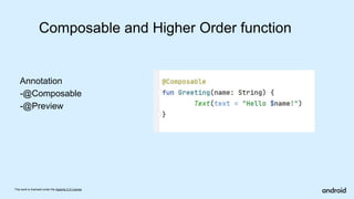 Composable and Higher Order function
Annotation
-@Composable
-@Preview
This work is licensed under the Apache 2.0 License
 