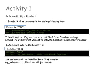 Berksfile: TODO2
Vagrantfile: TODO1
Activity 1
Go to /activity1 directory
1. Enable Chef at Vagrantfile: by adding following lines:
config.omnibus.chef_version = :latest
config.berkshelf.enabled = true
2. Add cookbooks to Berkshelf file:
This will instruct Vagrant to use latest Chef from Omnibus package
Second line will instruct vagrant to activate Cookbook dependency manager
cookbook "apt"
cookbook "my_webserver", path: "cookbooks/mynginx"
Apt cookbook will be installed from Chef website
my_webserver cookbook we will just create
 