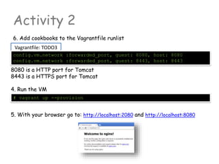 Activity 2
6. Add cookbooks to the Vagrantfile runlist
4. Run the VM
# vagrant up --provision
Vagrantfile: TODO3
config.vm.network :forwarded_port, guest: 8080, host: 8080
config.vm.network :forwarded_port, guest: 8443, host: 8443
8080 is a HTTP port for Tomcat
8443 is a HTTPS port for Tomcat
5. With your browser go to: http://localhost:2080 and http://localhost:8080
 