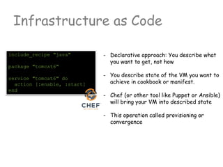 Infrastructure as Code
- Declarative approach: You describe what
you want to get, not how
- You describe state of the VM you want to
achieve in cookbook or manifest.
- Chef (or other tool like Puppet or Ansible)
will bring your VM into described state
- This operation called provisioning or
convergence
include_recipe "java"
package "tomcat6"
service "tomcat6" do
action [:enable, :start]
end
 