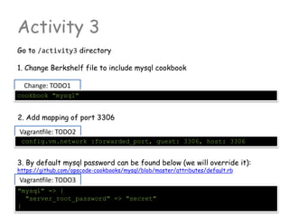 Vagrantfile: TODO2
Change: TODO1
Activity 3
Go to /activity3 directory
1. Change Berkshelf file to include mysql cookbook
cookbook "mysql"
2. Add mapping of port 3306
config.vm.network :forwarded_port, guest: 3306, host: 3306
Vagrantfile: TODO3
"mysql" => {
"server_root_password" => "secret"
}
3. By default mysql password can be found below (we will override it):
https://github.com/opscode-cookbooks/mysql/blob/master/attributes/default.rb
 