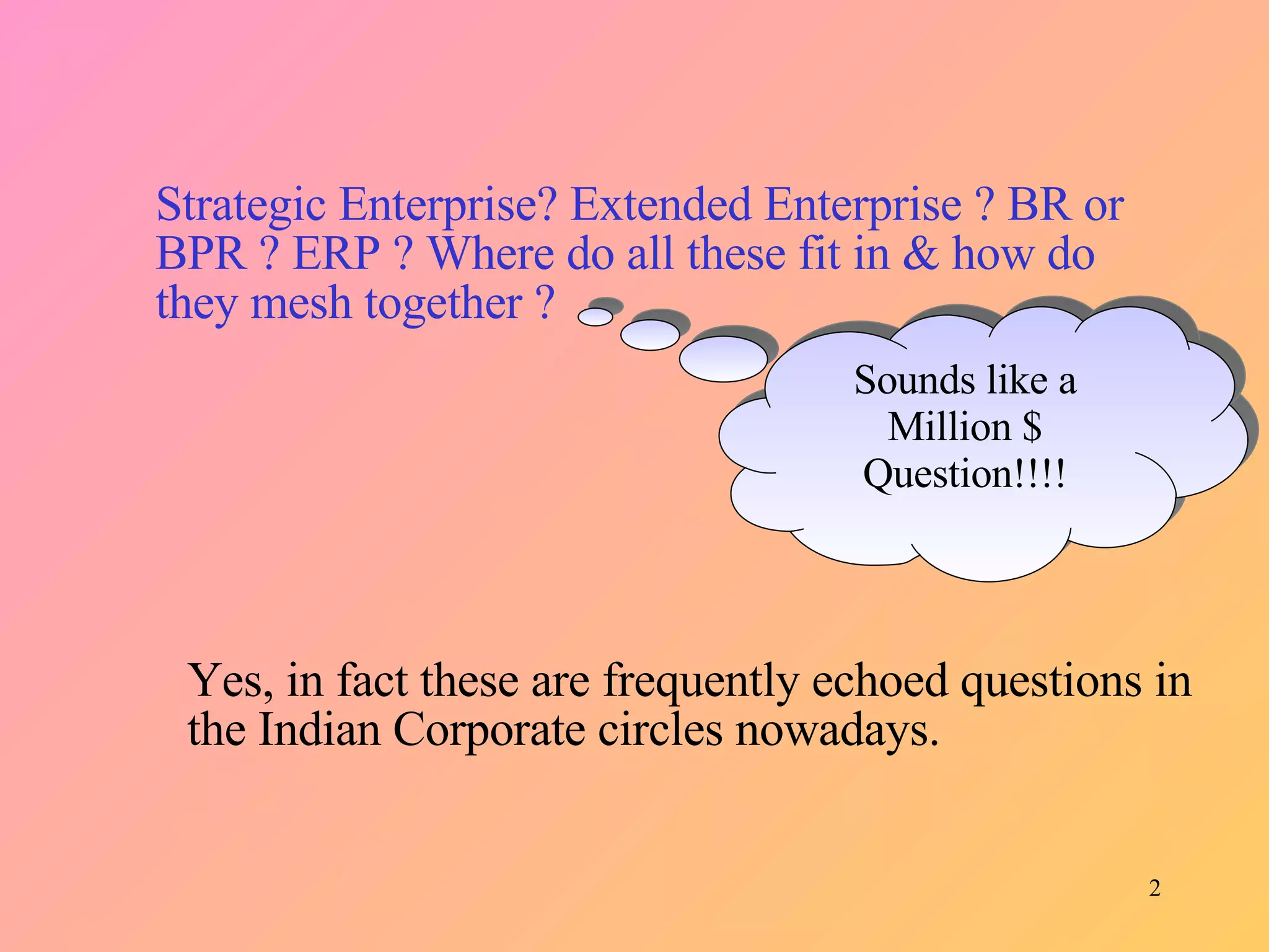 Strategic Enterprise? Extended Enterprise ? BR or BPR ? ERP ? Where do all these fit in & how do they mesh together ?  Sounds like a Million $ Question!!!! Yes, in fact these are frequently echoed questions in the Indian Corporate circles nowadays.  