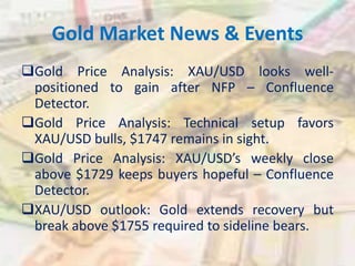 Gold Market News & Events
Gold Price Analysis: XAU/USD looks well-
positioned to gain after NFP – Confluence
Detector.
Gold Price Analysis: Technical setup favors
XAU/USD bulls, $1747 remains in sight.
Gold Price Analysis: XAU/USD’s weekly close
above $1729 keeps buyers hopeful – Confluence
Detector.
XAU/USD outlook: Gold extends recovery but
break above $1755 required to sideline bears.
 
