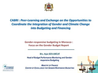 CABRI : Peer-Learning and Exchange on the Opportunities to
Coordinate the Integration of Gender and Climate Change
into Budgeting and Financing
Gender-responsive budgeting in Morocco :
Focus on the Gender Budget Report
Mrs. Hajar BEN AMEUR
Head of Budget Performance Monitoring and Gender-
responsive Budgeting
MINISTRY OF FINANCE
CENTER OF EXCELLENCE FOR GENDER-RESPONSIVE BUDGETING
 