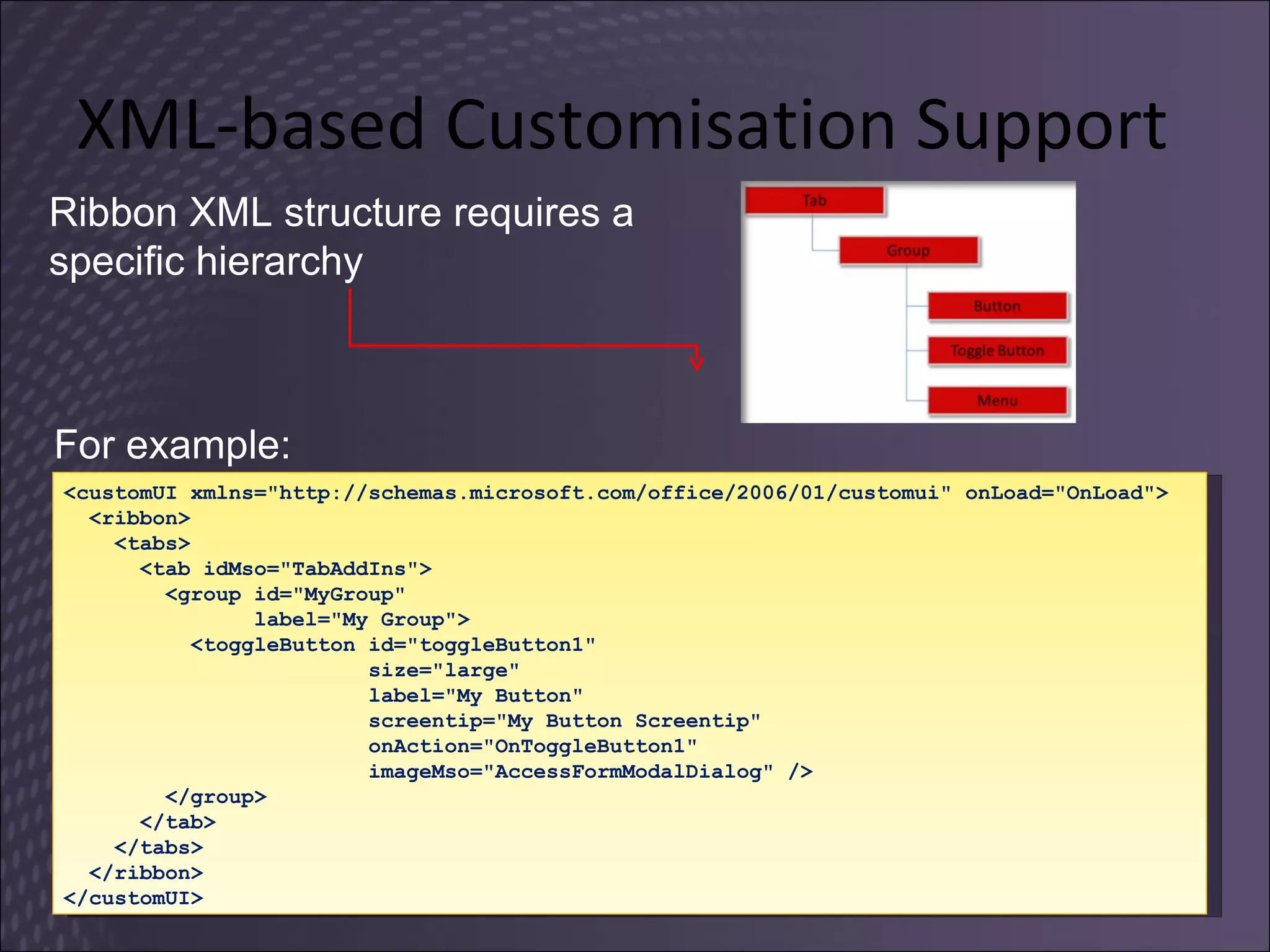 XML-based Customisation Support Ribbon XML structure requires a specific hierarchy <customUI xmlns=&quot;http://schemas.microsoft.com/office/2006/01/customui&quot; onLoad=&quot;OnLoad&quot;> <ribbon> <tabs> <tab idMso=&quot;TabAddIns&quot;> <group id=&quot;MyGroup&quot; label=&quot;My Group&quot;> <toggleButton id=&quot;toggleButton1&quot;  size=&quot;large&quot; label=&quot;My Button&quot; screentip=&quot;My Button Screentip&quot; onAction=&quot;OnToggleButton1&quot;  imageMso=&quot;AccessFormModalDialog&quot; /> </group> </tab> </tabs> </ribbon> </customUI> For example: 