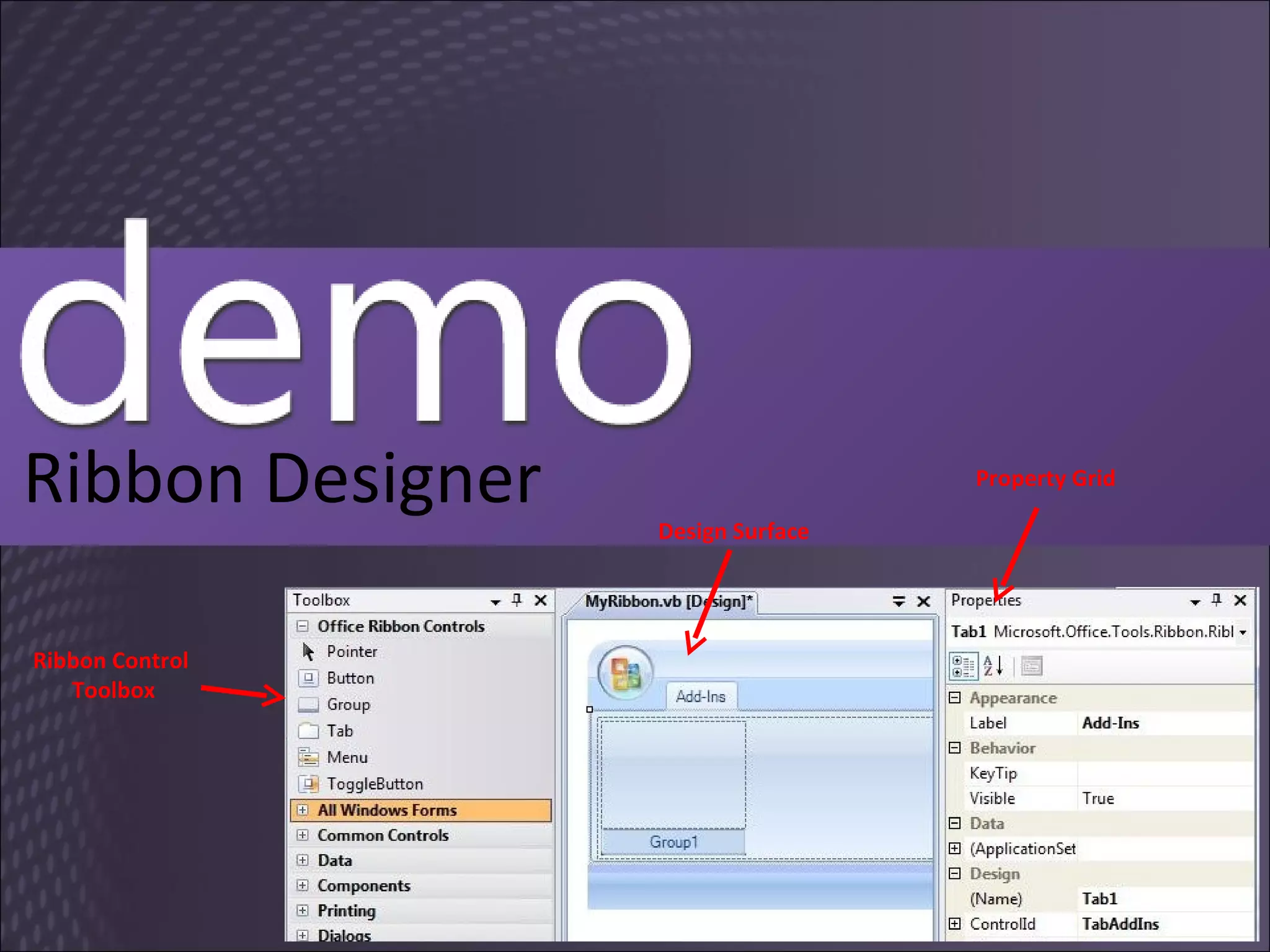 Ribbon Designer Property Grid Ribbon Control  Toolbox Design Surface 