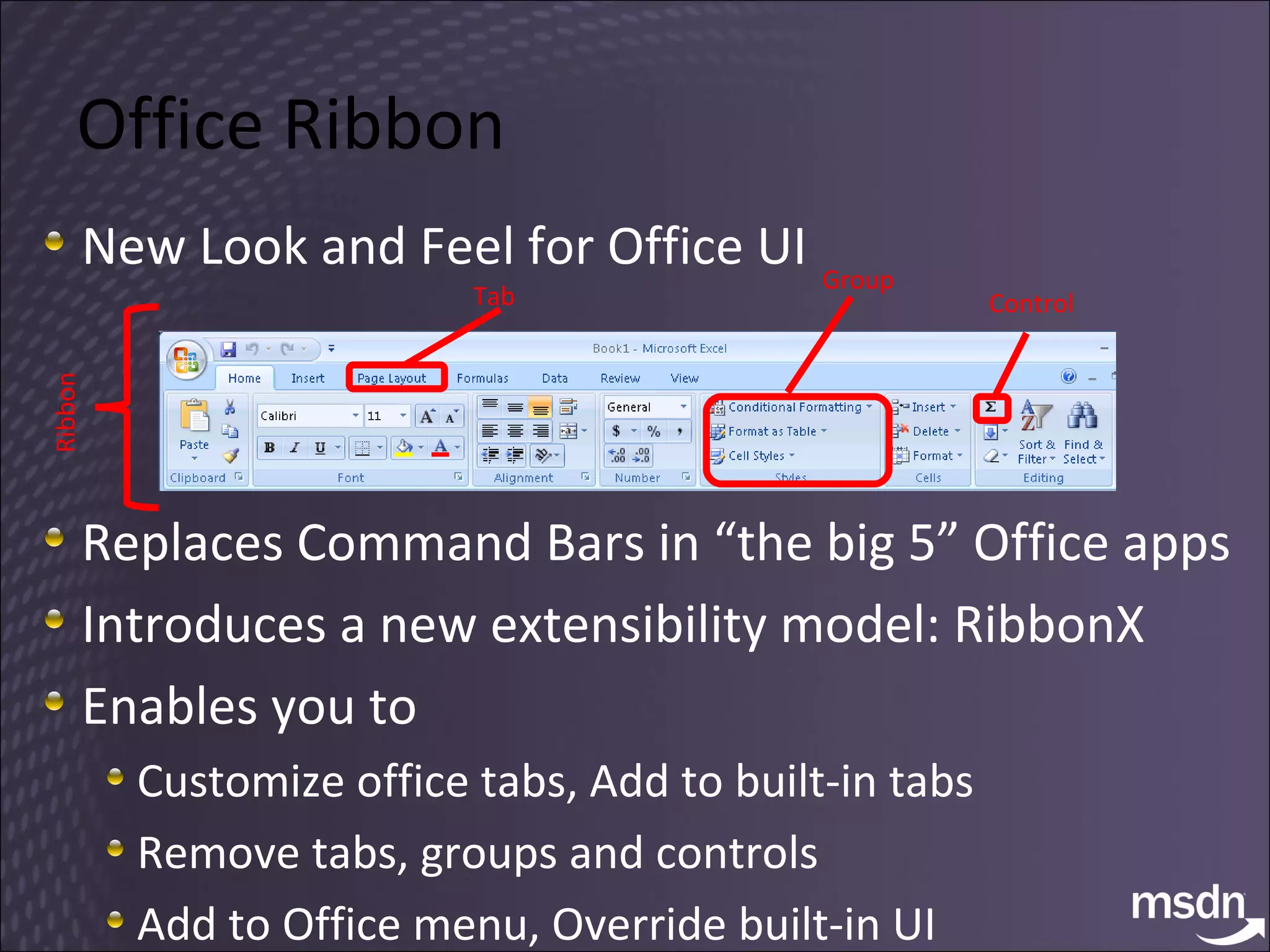 Office Ribbon New Look and Feel for Office UI Replaces Command Bars in “the big 5” Office apps Introduces a new extensibility model: RibbonX Enables you to Customize office tabs, Add to built-in tabs Remove tabs, groups and controls Add to Office menu, Override built-in UI Tab Group Control Ribbon 