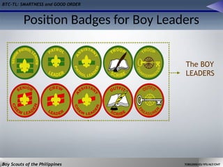 BTC-TL: SMARTNESS and GOOD ORDER
Boy Scouts of the Philippines TOBS2000/ES/YFS/ALT/CMT
The BOY
LEADERS
Position Badges for Boy Leaders
 