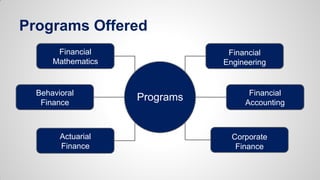 Programs Offered
Financial
Mathematics
Financial
Engineering
Corporate
Finance
Actuarial
Finance
Programs Financial
Accounting
Behavioral
Finance
 