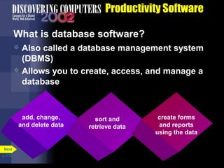 Productivity Software
What is database software?
Also called a database management system
(DBMS)
 Allows you to create, access, and manage a
database


add, change,
and delete data

Next
p. 3.16

sort and
retrieve data

create forms
and reports
using the data

 