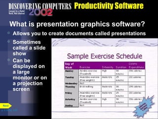 Productivity Software
What is presentation graphics software?


Allows you to create documents called presentations



Sometimes
called a slide
show
Can be
displayed on
a large
monitor or on
a projection
screen



Next
p. 3.18 Fig. 3-20

 