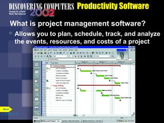 Productivity Software
What is project management software?


Allows you to plan, schedule, track, and analyze
the events, resources, and costs of a project

Next
p. 3.21 Fig. 3-24

 