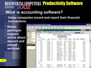 Productivity Software
What is accounting software?




Helps companies record and report their financial
transactions
Newer
packages
support
online direct
deposit and
payroll
services

Next
p. 3.21 Fig. 3-25

 