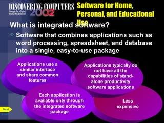 Software for Home,
Personal, and Educational
Use
What is integrated software?


Software that combines applications such as
word processing, spreadsheet, and database
into a single, easy-to-use package
Applications use a
similar interface
and share common
features

Next
p. 3.27

Applications typically do
not have all the
capabilities of standalone productivity
software applications

Each application is
available only through
the integrated software
package

Less
expensive

 