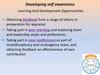 Developing self awareness
Learning And Development Opportunities
• Obtaining feedback from a range of others in
preparation for appraisal
• Taking part in peer learning and exploring team
and leadership styles and preferences
• Taking part in case conferences as part of
multidisciplinary and multiagency team, and
obtaining feedback on effectiveness of own
contribution
 