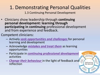 1. Demonstrating Personal Qualities
1.3 Continuing Personal Development
• Clinicians show leadership through continuing
personal development: learning through
participating in continuing professional development
and from experience and feedback.
Competent clinicians:
– Actively seek opportunities and challenges for personal
learning and development
– Acknowledge mistakes and treat them as learning
opportunities
– Participate in continuing professional development
activities
– Change their behaviour in the light of feedback and
reflection
 