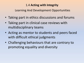 1.4 Acting with Integrity
Learning And Development Opportunities
• Taking part in ethics discussions and forums
• Taking part in clinical case reviews with
multidisciplinary teams
• Acting as mentor to students and peers faced
with difficult ethical judgments
• Challenging behaviours that are contrary to
promoting equality and diversity
 