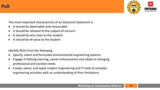 Workshop on Examination Reforms
Poll
10
The most important characteristic of an Outcome Statement is
• It should be observable and measurable
• It should be relevant to the subject of concern
• It should be very clear to the student
• It should be of value to the student
Identify PEOs from the following
• Specify, select and formulate environmental engineering systems
• Engage in lifelong learning, career enhancement and adopt to changing
professional and societal needs
• Create, select, and apply modern engineering and IT tools to complex
engineering activities with an understanding of their limitations
 