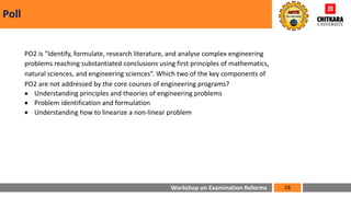Workshop on Examination Reforms
Poll
18
PO2 is “Identify, formulate, research literature, and analyse complex engineering
problems reaching substantiated conclusions using first principles of mathematics,
natural sciences, and engineering sciences”. Which two of the key components of
PO2 are not addressed by the core courses of engineering programs?
• Understanding principles and theories of engineering problems
• Problem identification and formulation
• Understanding how to linearize a non-linear problem
 