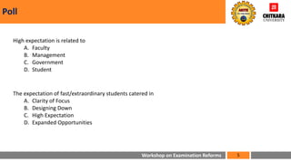 Workshop on Examination Reforms
Poll
5
High expectation is related to
A. Faculty
B. Management
C. Government
D. Student
The expectation of fast/extraordinary students catered in
A. Clarity of Focus
B. Designing Down
C. High Expectation
D. Expanded Opportunities
 