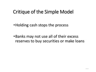 Critique of the Simple Model
•Holding cash stops the process
•Banks may not use all of their excess
reserves to buy securities or make loans
13-15
 
