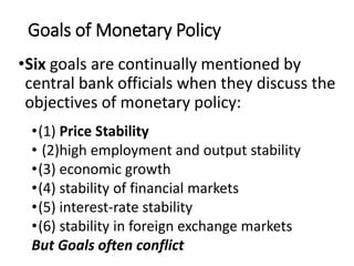 Goals of Monetary Policy
•Six goals are continually mentioned by
central bank officials when they discuss the
objectives of monetary policy:
•(1) Price Stability
• (2)high employment and output stability
•(3) economic growth
•(4) stability of financial markets
•(5) interest-rate stability
•(6) stability in foreign exchange markets
But Goals often conflict
 