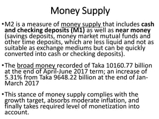 Money Supply
•M2 is a measure of money supply that includes cash
and checking deposits (M1) as well as near money
(savings deposits, money market mutual funds and
other time deposits, which are less liquid and not as
suitable as exchange mediums but can be quickly
converted into cash or checking deposits).
•The broad money recorded of Taka 10160.77 billion
at the end of April-June 2017 term; an increase of
5.31% from Taka 9648.22 billion at the end of Jan-
March 2017
•This stance of money supply complies with the
growth target, absorbs moderate inflation, and
finally takes required level of monetization into
account.
 