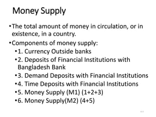 Money Supply
•The total amount of money in circulation, or in
existence, in a country.
•Components of money supply:
•1. Currency Outside banks
•2. Deposits of Financial Institutions with
Bangladesh Bank
•3. Demand Deposits with Financial Institutions
•4. Time Deposits with Financial Institutions
•5. Money Supply (M1) (1+2+3)
•6. Money Supply(M2) (4+5)
13-5
 